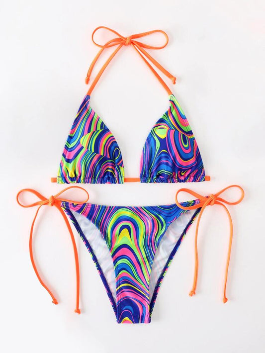 Bikini halter de patrón fluido – top triángulo + bottom con tiras