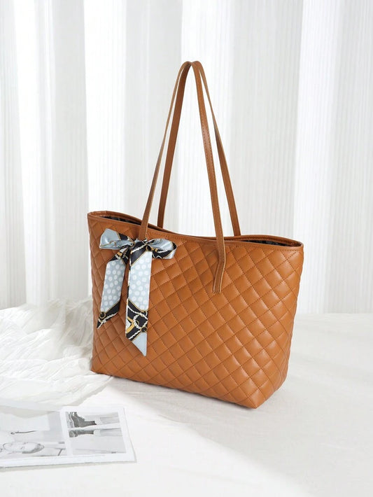 Bolso Tote Portátil de Gran Capacidad con Pañuelo Marrón, Ideal para Mujeres que Trabajan y se Desplazan